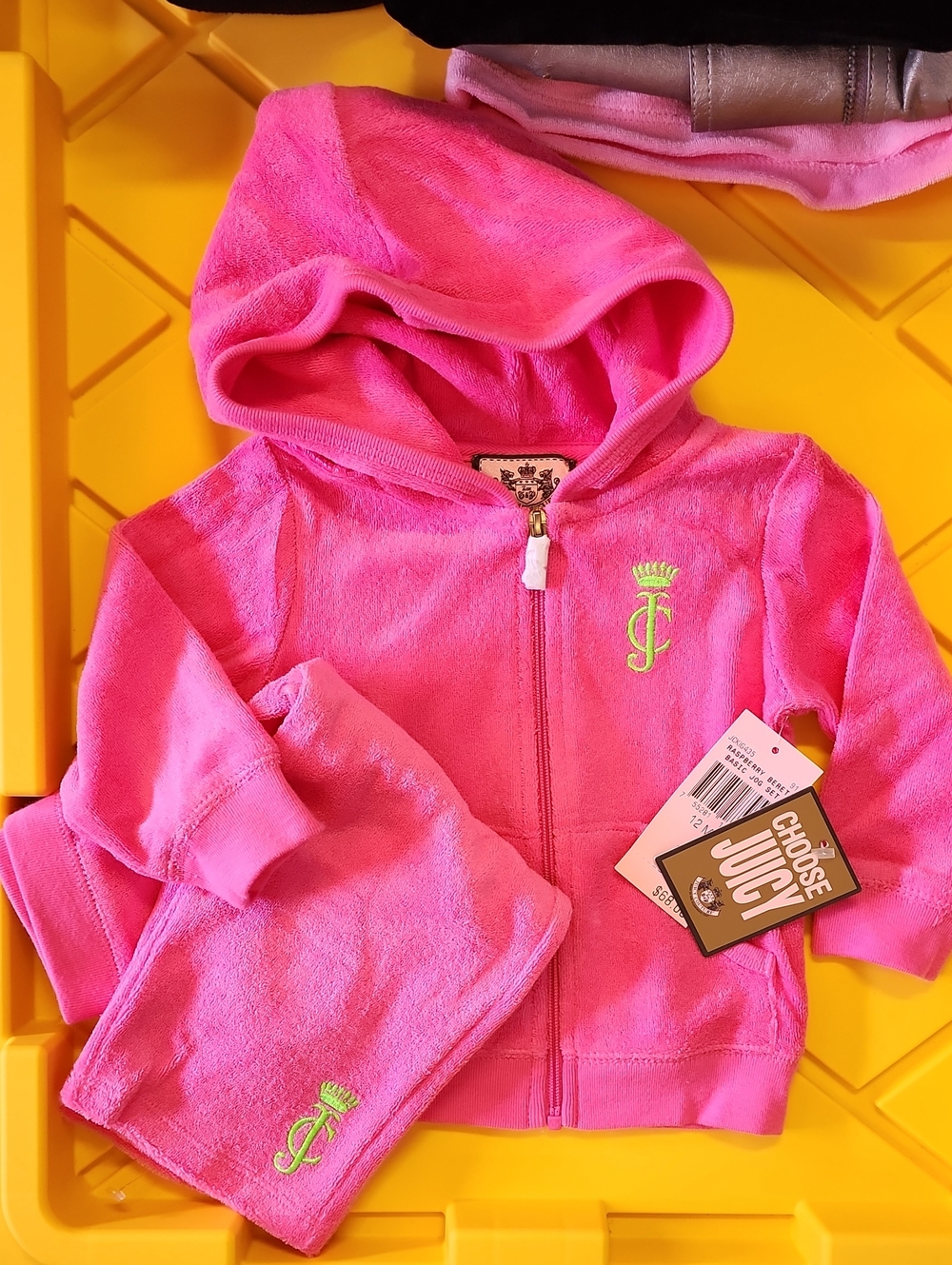 Juicy Couture Kids Bright Pink Velour Zip Hoodie And Pants JOGGER with Lime Logo
